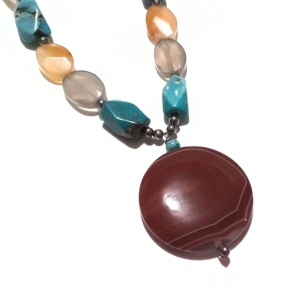 Multi Color Agate and Turquoise Beaded Pendant Necklace * - Picture 3 of 5